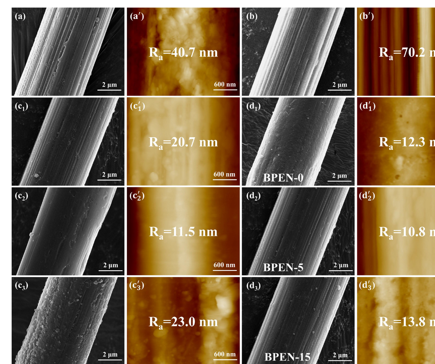 Scanning-electron and atomic-force microscopy images comparing pristine, pretreated, and BPEN-coated carbon fibers.