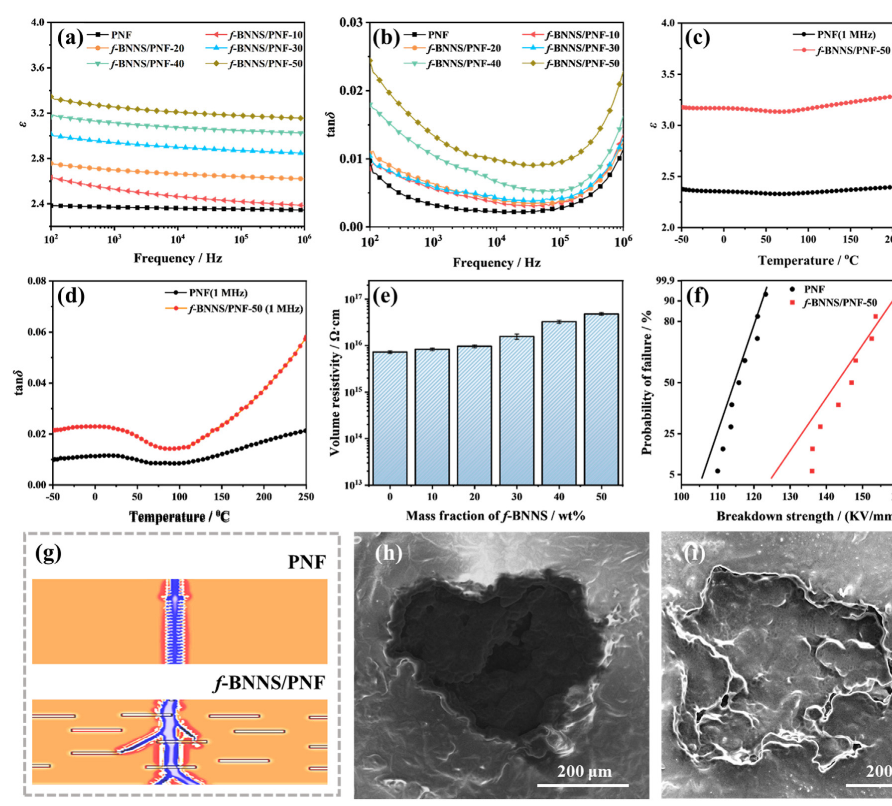 Dielectric constant, loss, volume resistivity, breakdown-strength plots, breakdown schematics, and post-breakdown microscopy.