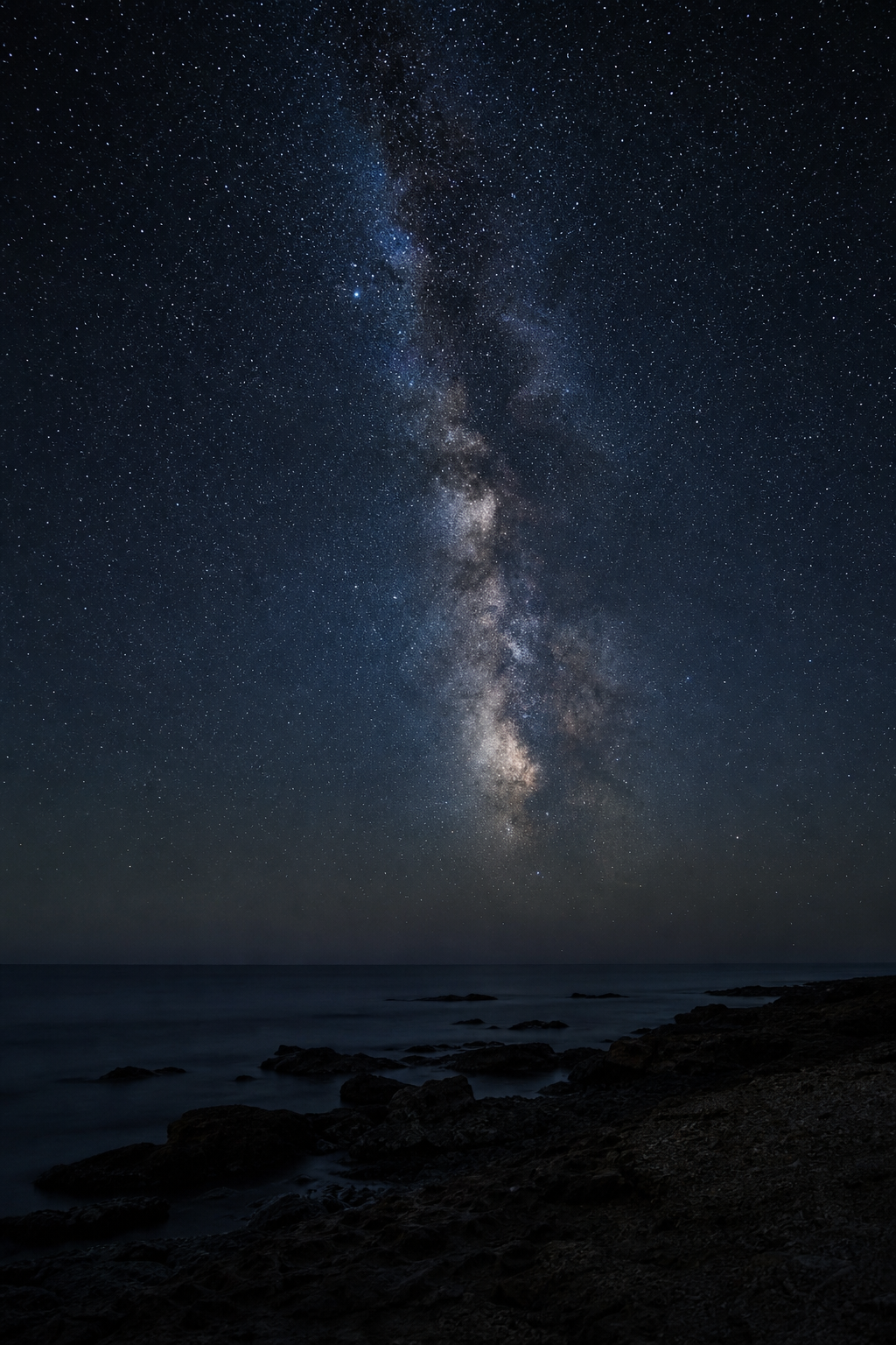 Generated demonstration image of a star-filled night sky above a dark coast.