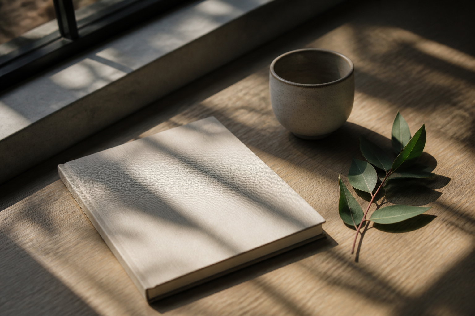 Generated demonstration image of a notebook, cup, and leafy stem in window light.